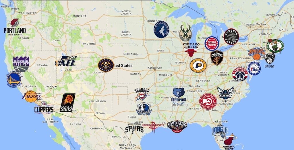 Mapa de USA y Canadá con las ubicaciones de todos los equipos NBA